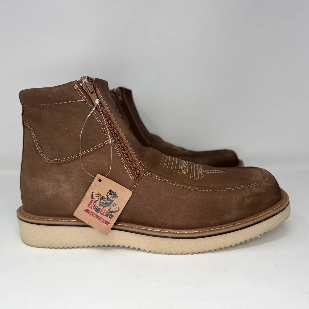 New King Welt Mens Sz 10 Brown Leather Zip Up Square Toe Work Boots